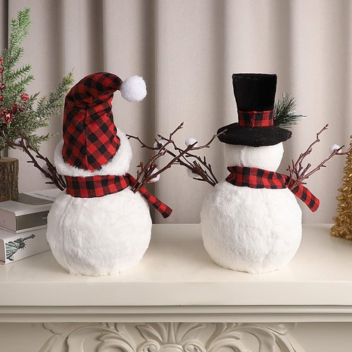 Lulu Home 2 Packs Christmas Snowman Decorations, 15.4" H Snowmen Wearing Buffalo Check Scarfs & Hats, Xmas Plush & Foam Tabletop Ornaments for Mantel Fireplace Window Sill Holiday Decor