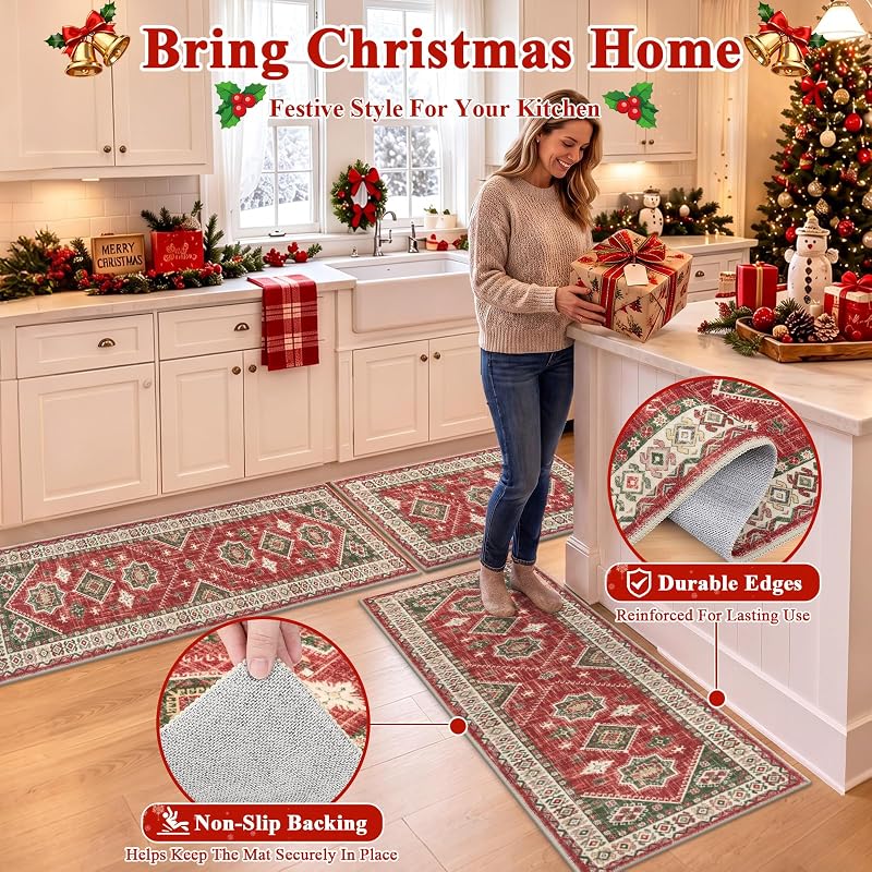 Christmas Kitchen Rug Set of 3 - Red & Green Non-Slip 20x32, 20x48, 20x59 variation: Red/Green+20"x32+20"x48+20"x59"