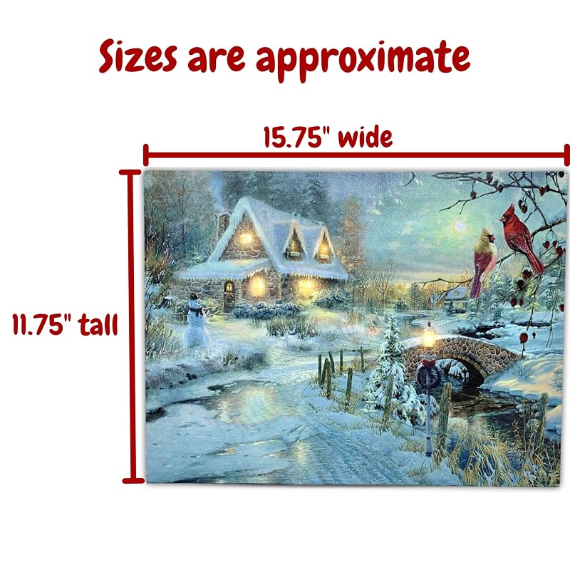 LED Wall Art - Snowy Cottage Scene with Cardinal birds, Snowman & Bridge (Variation 1) 11.75" x 15.75"