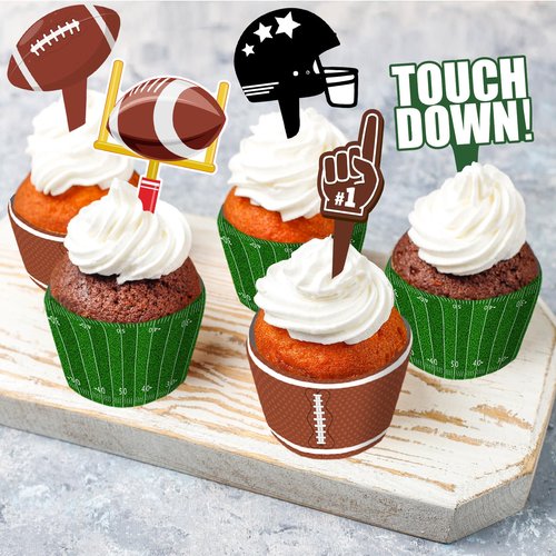 48 Pcs Football Cupcake Toppers and Wrappers Set, Football Theme Birthday Party Decorations Supplies