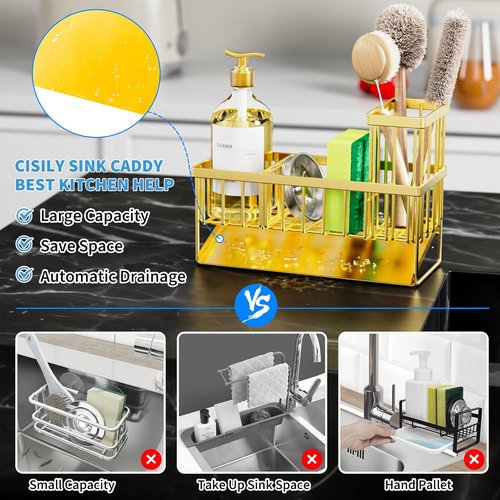 Cisily Gold Kitchen Sink Caddy Organizer - Rustproof 304 Stainless Steel with Brush & Sponge Holder