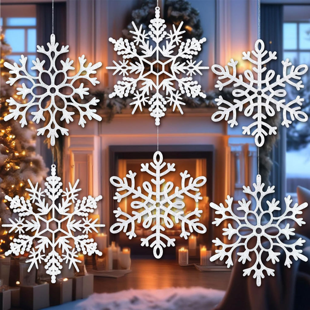 Skiennix 8Pcs Large White Snowflake Ornaments - 12'' Plastic Hanging Decorations for Winter Holiday Decor