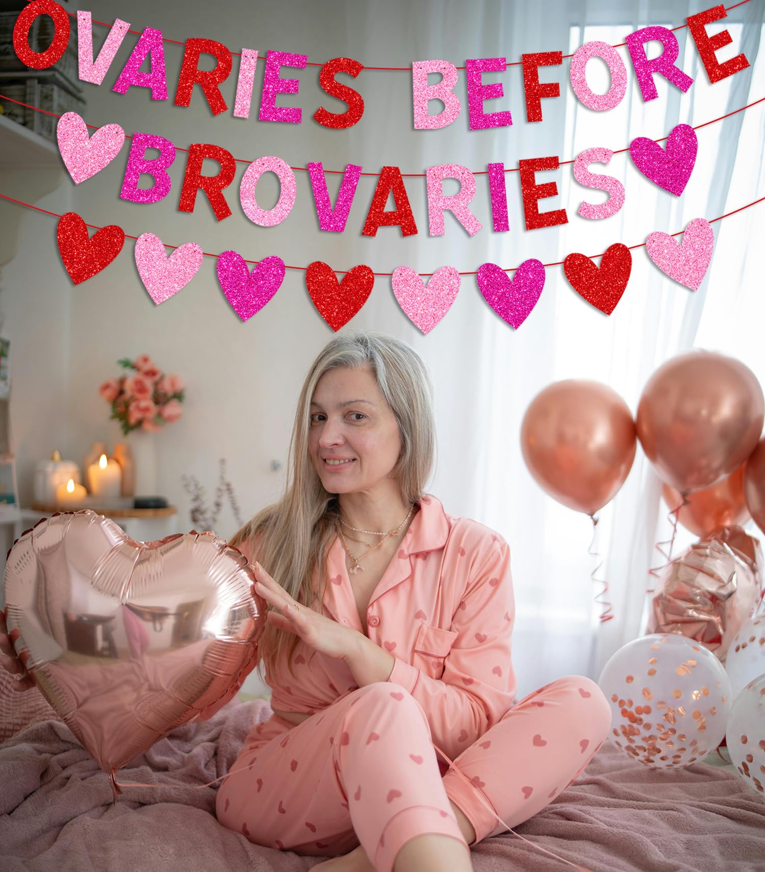 YEIRFYY Glitter Ovaries Before Brovaries Banner with Red Pink Rose Red Hearts Happy Galentine’s Day Banner for Fireplace Wall Girl Lady Galentines Day Valentines Day Party Decorations