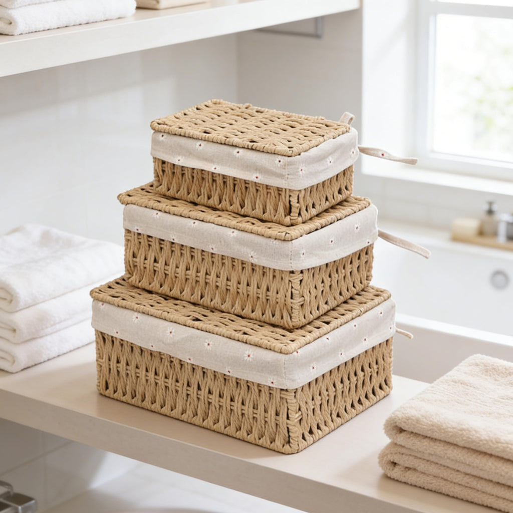 Storage Baskets with Lids, Set of 3 Wicker Baskets with Lids, Khaki Paper Rope Woven Storage Boxes with Removable Liners, Stackable Shelf Bins for Bathroom, Closet, Nursery
