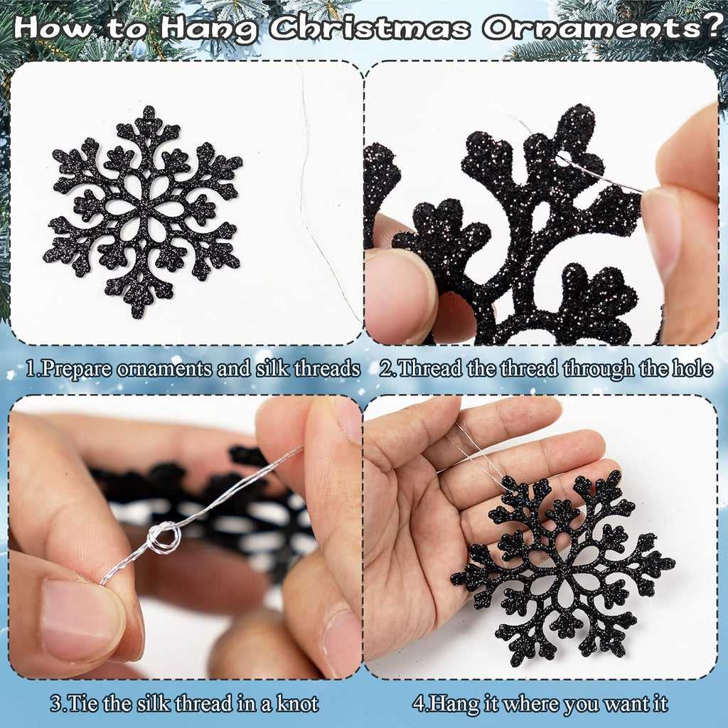Skiennix 36-Piece Black Christmas Snowflake Ornaments - Glittery Plastic Decor for Holiday Trees & Parties