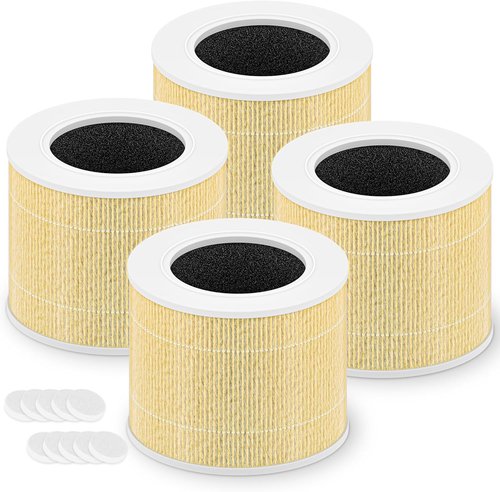 LEVOIT Core Mini Replacement Filter - 3-in-1 High-Efficiency Activated Carbon Filter | Includes 4 Filters & 10 Fragrance Sponges, Yellow