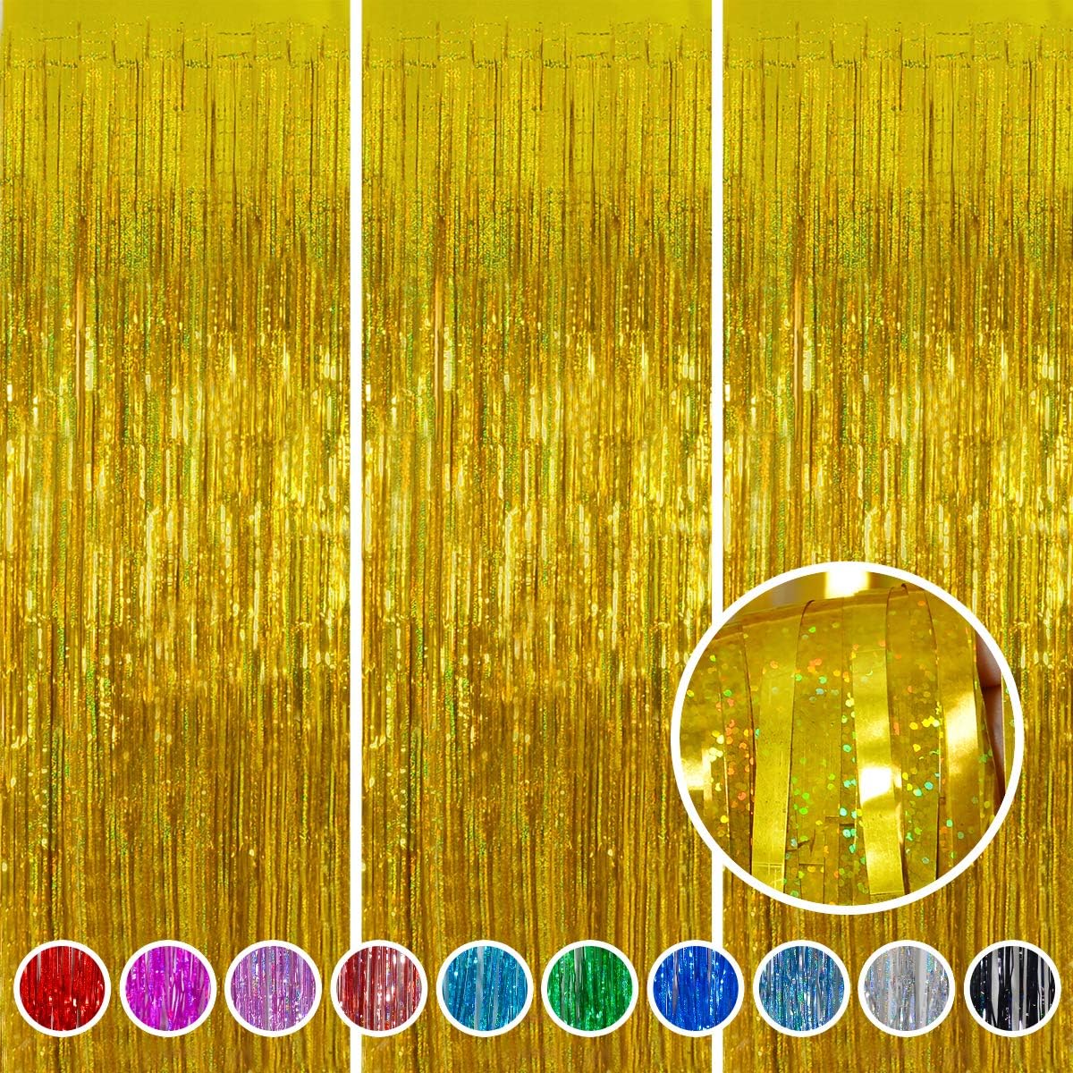 Melsan Graduation Decorations 2026 - Foil Fringe Curtains | 3 Pack Gold Tinsel Backdrop 3.2 x 8.2 ft