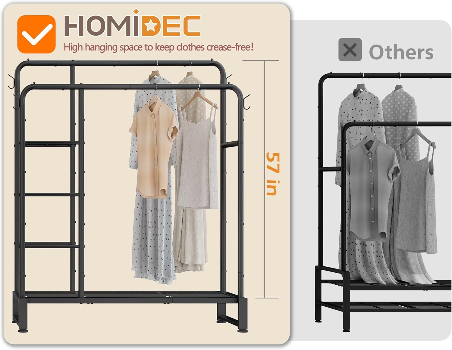 Skiennix Double Rods Clothes Rack - Multifunctional Heavy-Duty Organizer with 4-Tier Shelves | Black