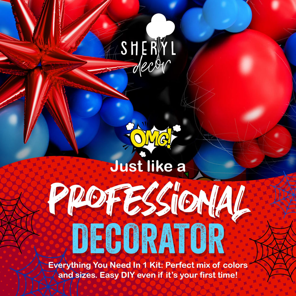ALL-IN-1 Spider Balloon Arch Kit with BONUS Starburst for Spidy Birthday Decorations - Red Blue Spider Balloons for Spidy Man Party Decorations - Miles Birthday Decoration, Spidey Balloons