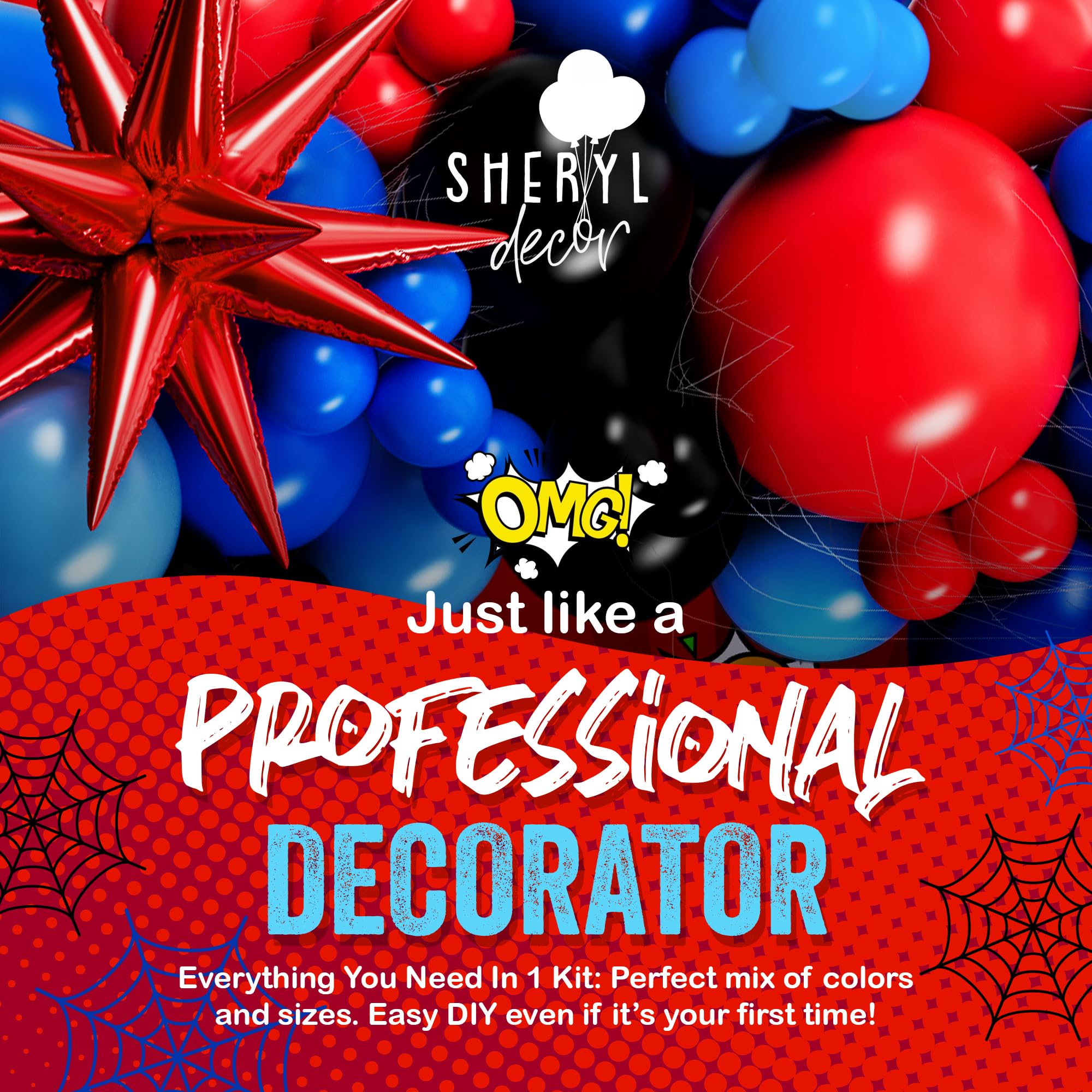 ALL-IN-1 Spider Balloon Arch Kit with BONUS Starburst for Spidy Birthday Decorations - Red Blue Spider Balloons for Spidy Man Party Decorations - Miles Birthday Decoration, Spidey Balloons