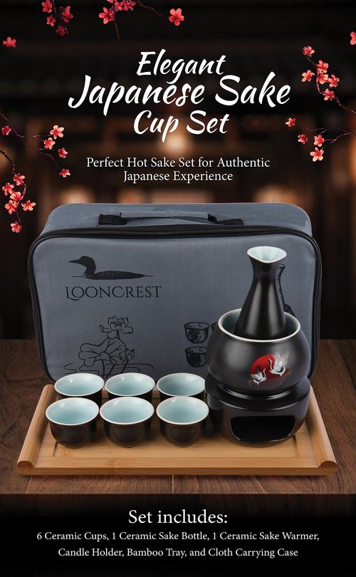 Japanese Sake Cup Set with 6 Ceramic Cups, 1 Ceramic Sake Bottle, 1 Ceramic Sake Warmer, Bamboo Tray, and Cloth Carrying Case - Perfect Hot Sake Set for Authentic Japanese Experience