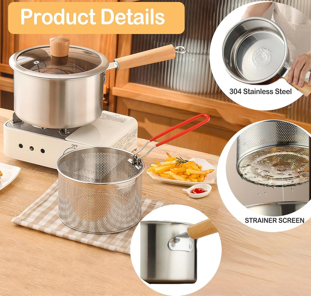 Small Stainless Steel Deep Fryer Pot With Fry Basket for 1-2 person, 2.5L Small Capacity Deep Fryer with Lid, Stock Pot,Stove Top Cooking Pot Deep Fryer With Basket For Cooking Chicken Wings, Seafood
