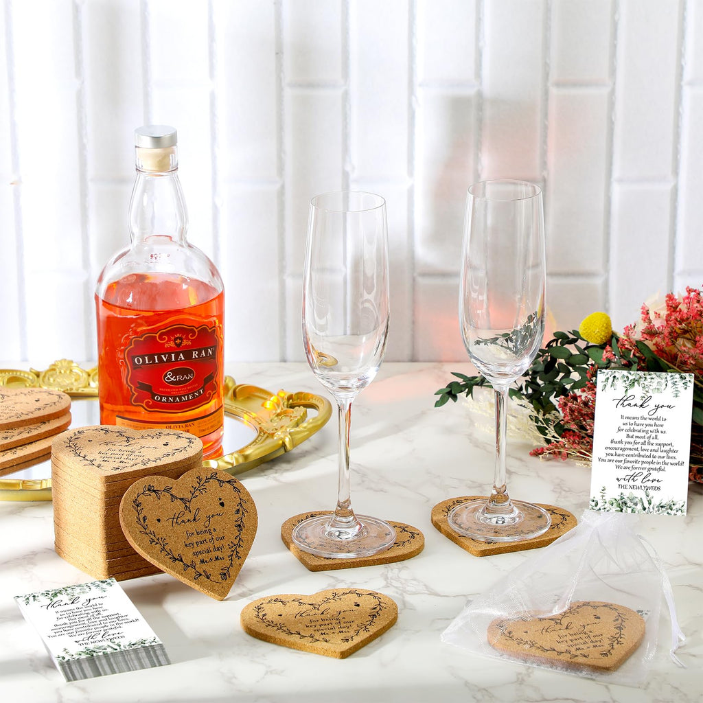 150 Sets Rustic Wedding Favor Coasters, Heart Cork Coasters for Guests, Mr & Mrs Coaster Favors with Thank You Cards & Organza Bags, Bridal Shower Party