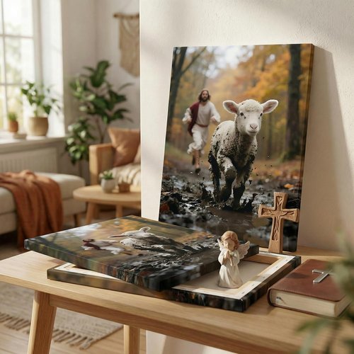 Jesus Canvas Wall Art - Good Shepherd Artwork Featuring Lost Lamb | Christian Decor for Home & Church