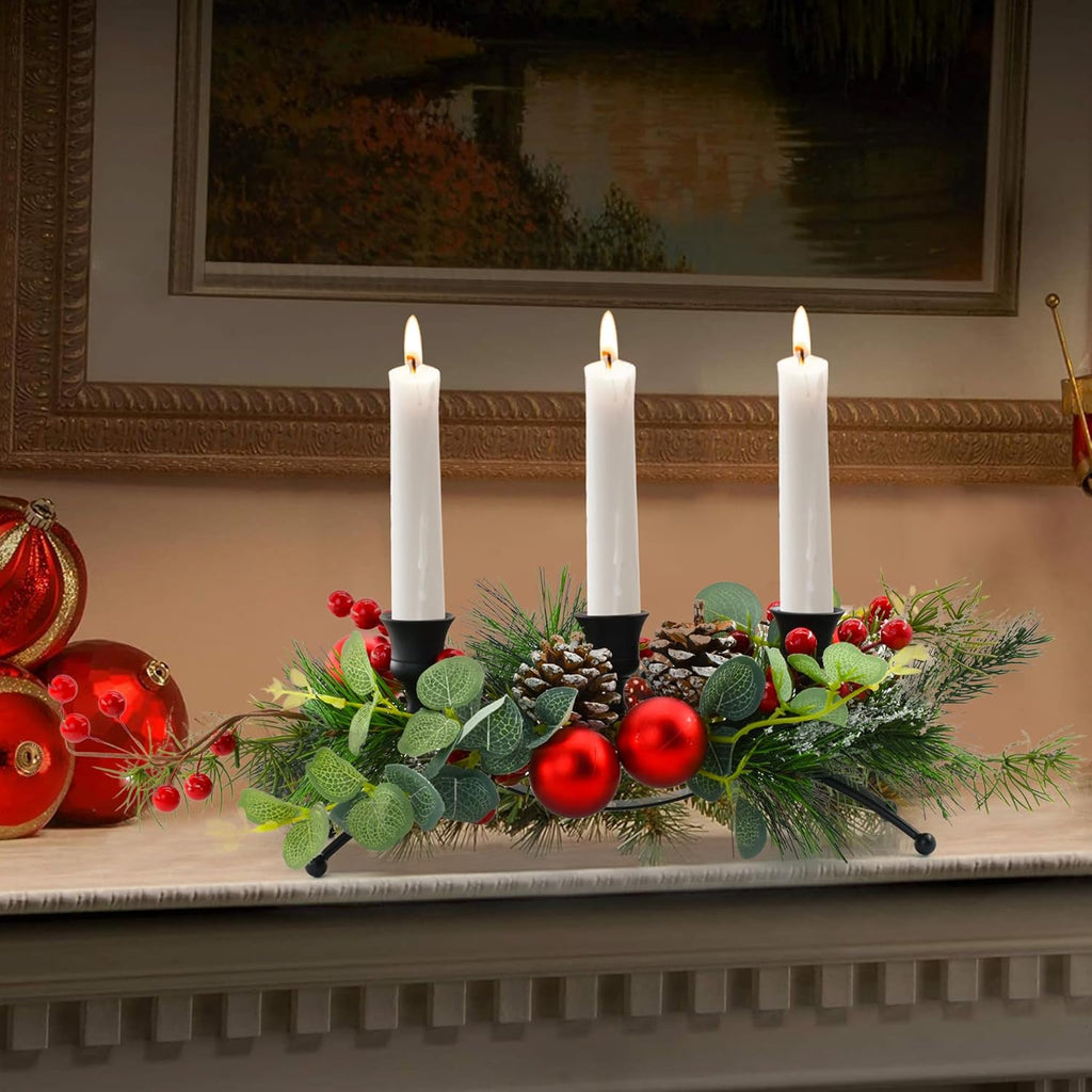 MrMrKura Christmas Tabletop Centerpiece - 3 Candle Holders with Pine Cones & Red Berries for Dining Room Decor