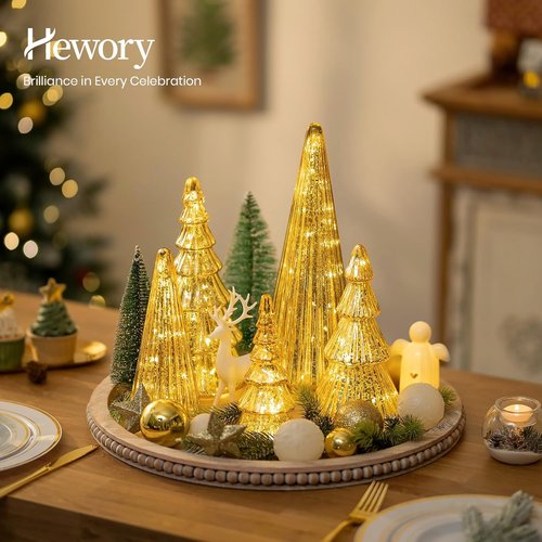 Hewory Gold Christmas Tree Decorations - Set of 5 Glass Tabletop Trees with LED Fairy Lights | Glitter Mercury Glass Holiday Decor