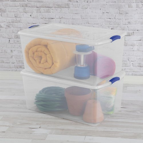 Heavy Duty Storage Bins - 2 Pack 105 Quart Clear Plastic with Lids & Blue Latches | Ideal for Home & Garage