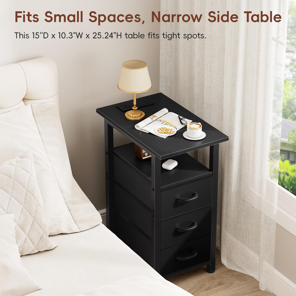 Vagusicc Black Nightstand with Charging Station and LED Lights, Narrow End Table, LED Nightstand with 3 Fabric Drawers for Bedroom, Small Night Stand, Narrow Side Table for Small Spaces, Black
