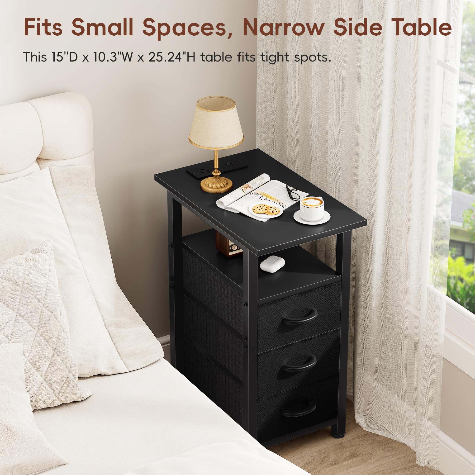 Vagusicc Black Nightstand with Charging Station and LED Lights, Narrow End Table, LED Nightstand with 3 Fabric Drawers for Bedroom, Small Night Stand, Narrow Side Table for Small Spaces, Black