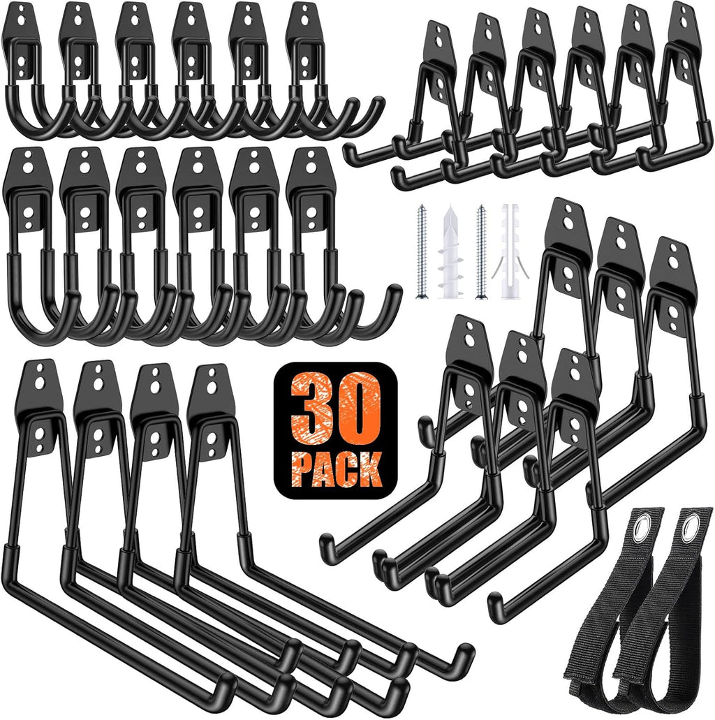 Skiennix Heavy Duty Garage Hooks - Solid Steel Wall Mount Hangers with Anti-Slip Coating | 30 Pack for Organizing Tools and Equipment