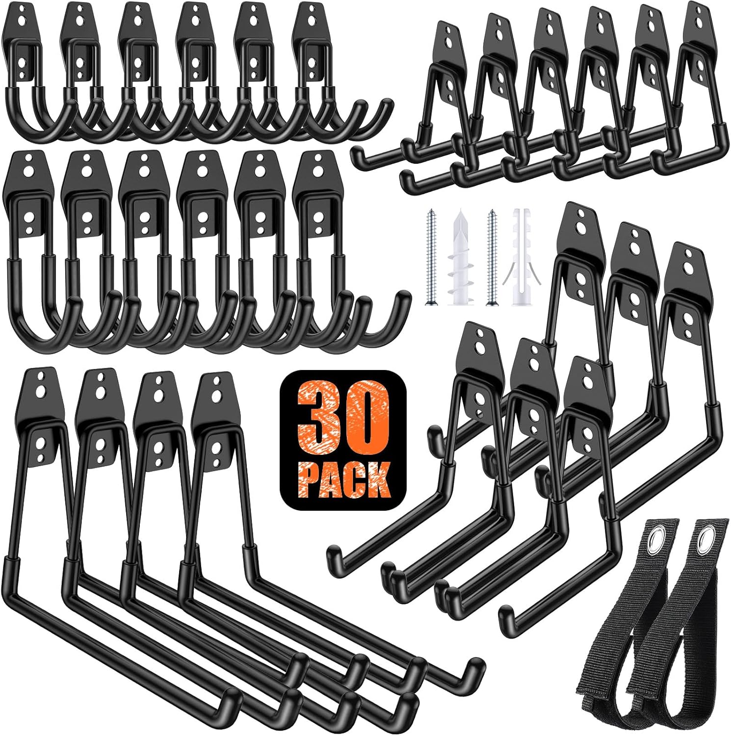 Skiennix Heavy Duty Garage Hooks - Solid Steel Wall Mount Hangers with Anti-Slip Coating | 30 Pack for Organizing Tools and Equipment