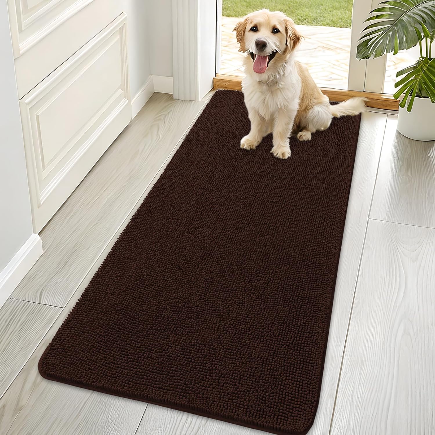 OLANLY Dog Door Mat - Absorbent Non-Slip Mud Mat for Indoor Use | Quick Dry Chenille, 70x35, Brown