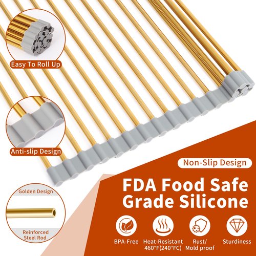 Golden Roll-UP Dish Drying Rack-Large Stainless Steel Dish Drainer Over The Sink for Kitchen Countertop, Applicable for Sink Width Less Than 16.5in (Gold,17.8'x 13.2')