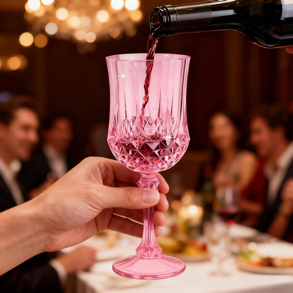 JUSONEY 7oz Vintage-Inspired Plastic Wine Glasses | 48-Piece Crystal Textured Plastic Goblets，Disposable Wine Glasses for Weddings, Parties & Elegant Events(48-Pink)
