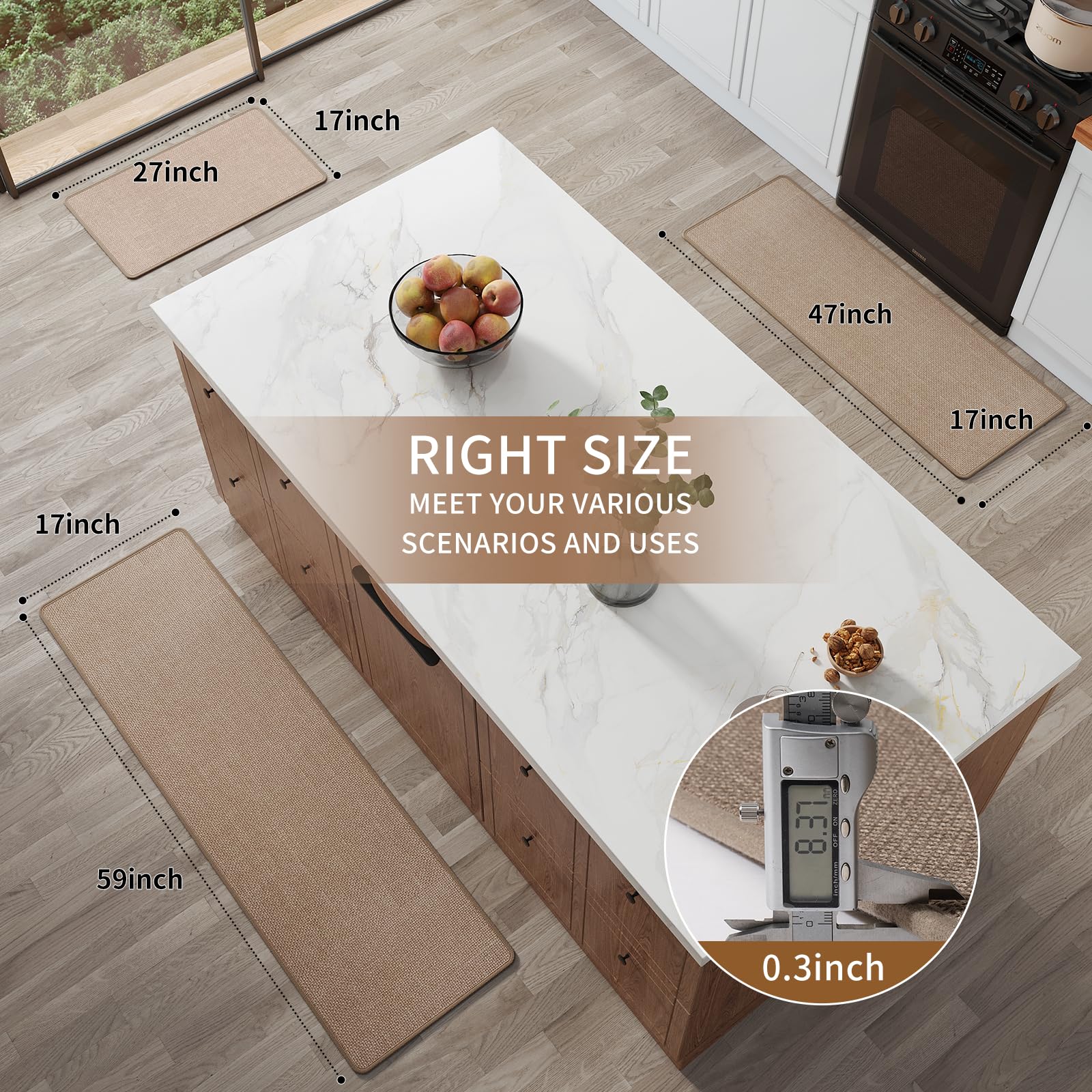 YDKGL Kitchen Mat Kitchen Rugs Sets of 2 PCS Non Slip Washable, Linen-Like 0.3" Thick Cushioned Absorbent Kitchen Mats for Floor, Mild Anti-Fatigue Sink Laundry Standing Mat, Brown 17"x30"+17"x59"