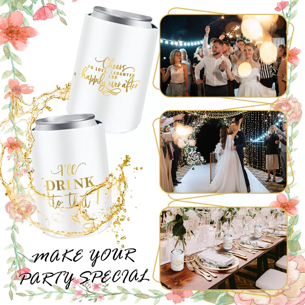 SiliFine 101 Pcs Wedding Can Cooler Bulk Engagement Party Favors for 100 Guests Cheers to Love Laughter, and I'll Drink Can Cooler with 1 Pcs Wooden Wedding Table Sign Bridal Shower Favor(White)