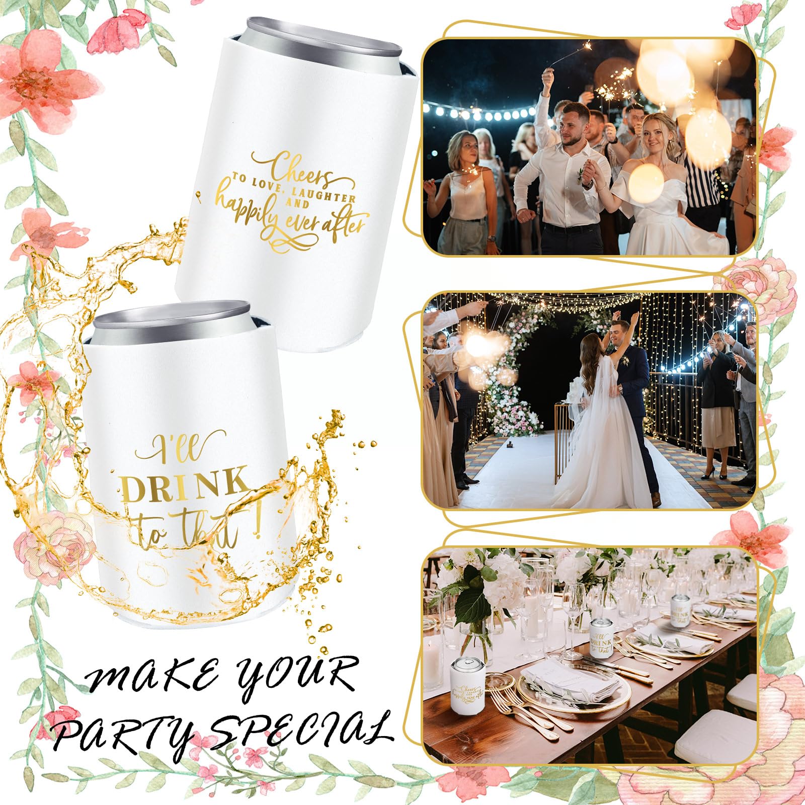 SiliFine 101 Pcs Wedding Can Cooler Bulk Engagement Party Favors for 100 Guests Cheers to Love Laughter, and I'll Drink Can Cooler with 1 Pcs Wooden Wedding Table Sign Bridal Shower Favor(White)