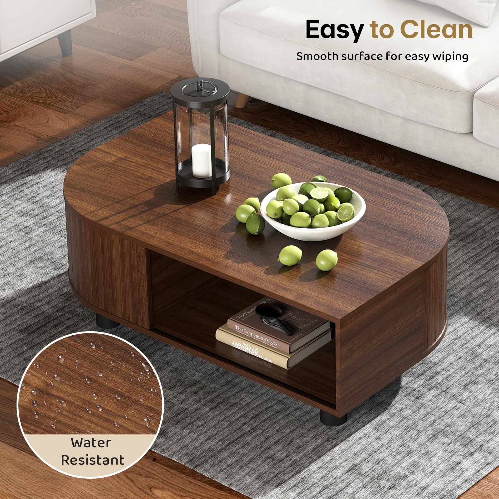 sunmiler Mid-Century Modern 39.4" Coffee Table - Leaf-Shaped Wood Center Table with Storage, Retro Fluted Central Table with Sliding Door for Living Room, Office, Walnut
