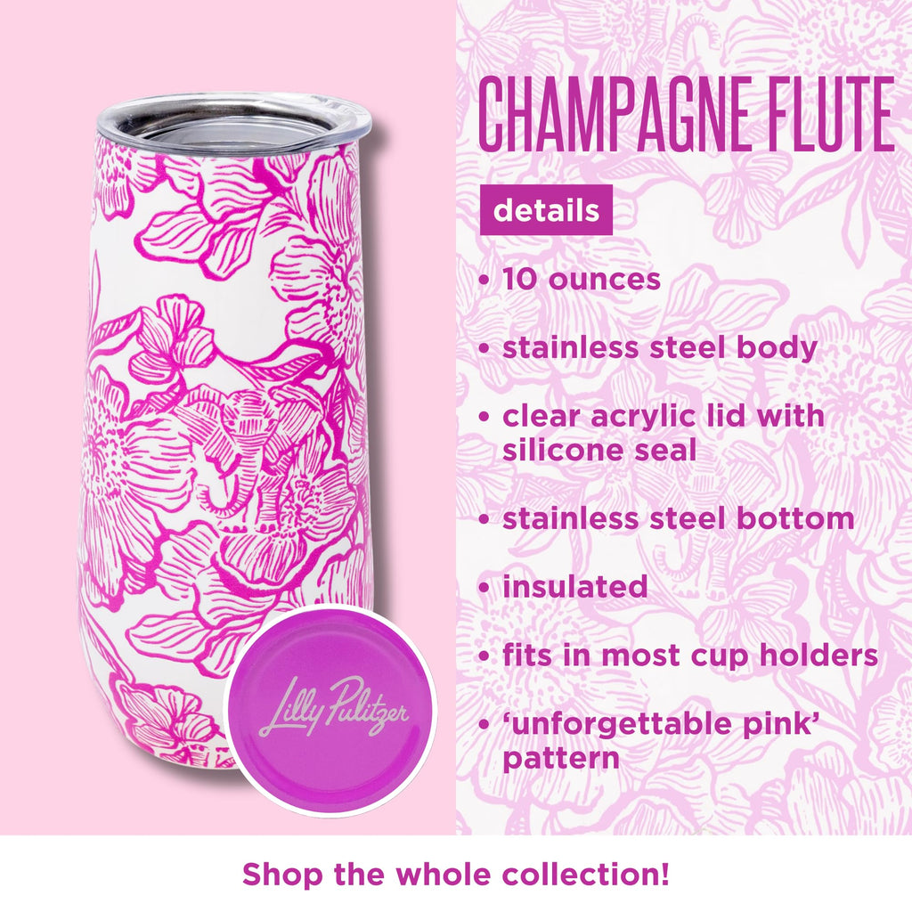 Lilly Pulitzer 10 Oz Stemless Champagne Flute, Small Stainless Steel Tumbler with Lid, Double Wall Insulated Metal Cup (Unforgettable Pink)