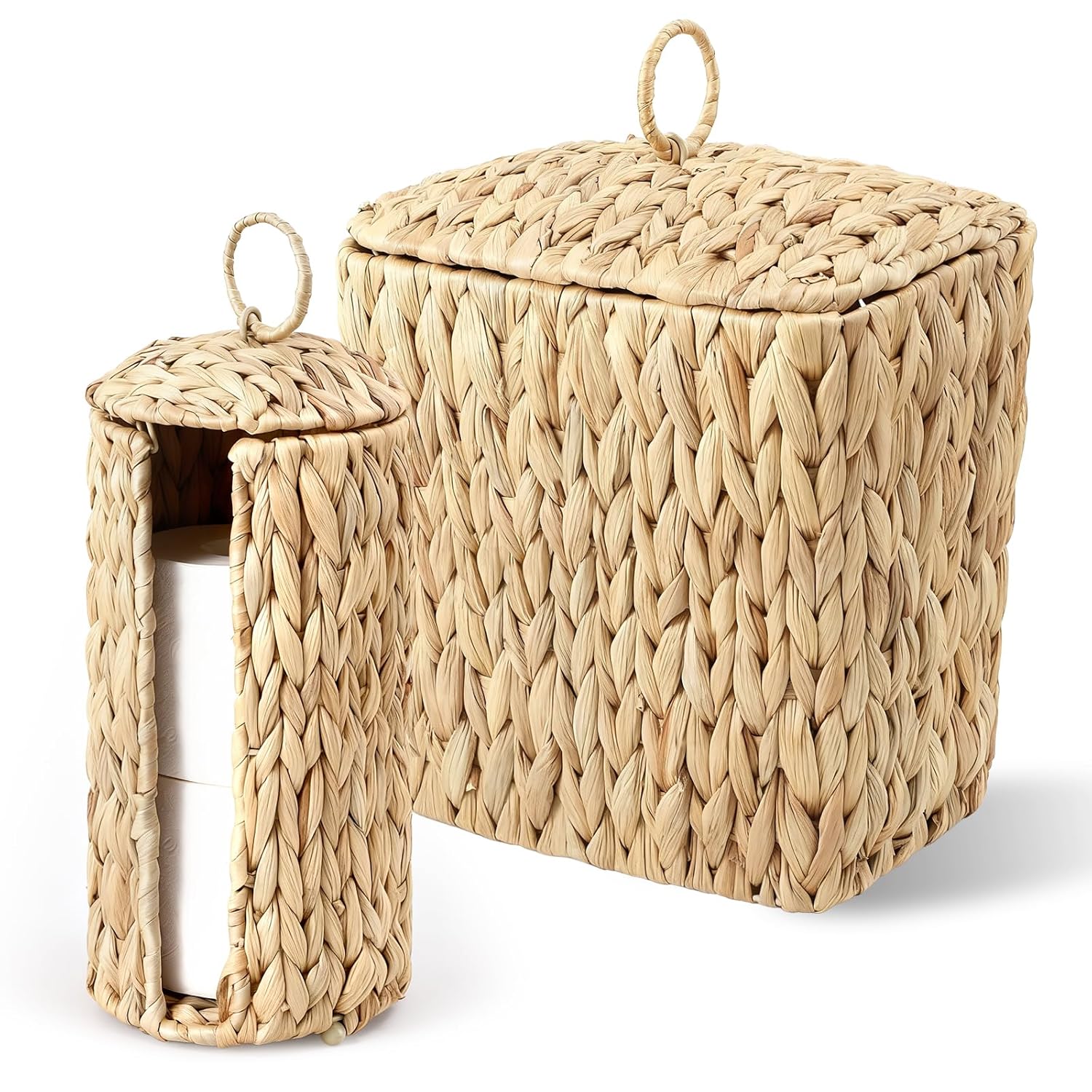 Skiennix Wicker Waste Basket - Handwoven Water Hyacinth Trash Can with Lid | Rustic Decorative 2.5 Gal for Home