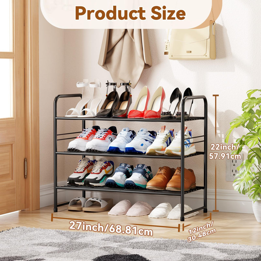 MWQ Shoe Organizer for Closet, Metal Shoe Shelf Rack Stackable 3 Tier 27 Inch Wide for Entryway, Adjustable, Black