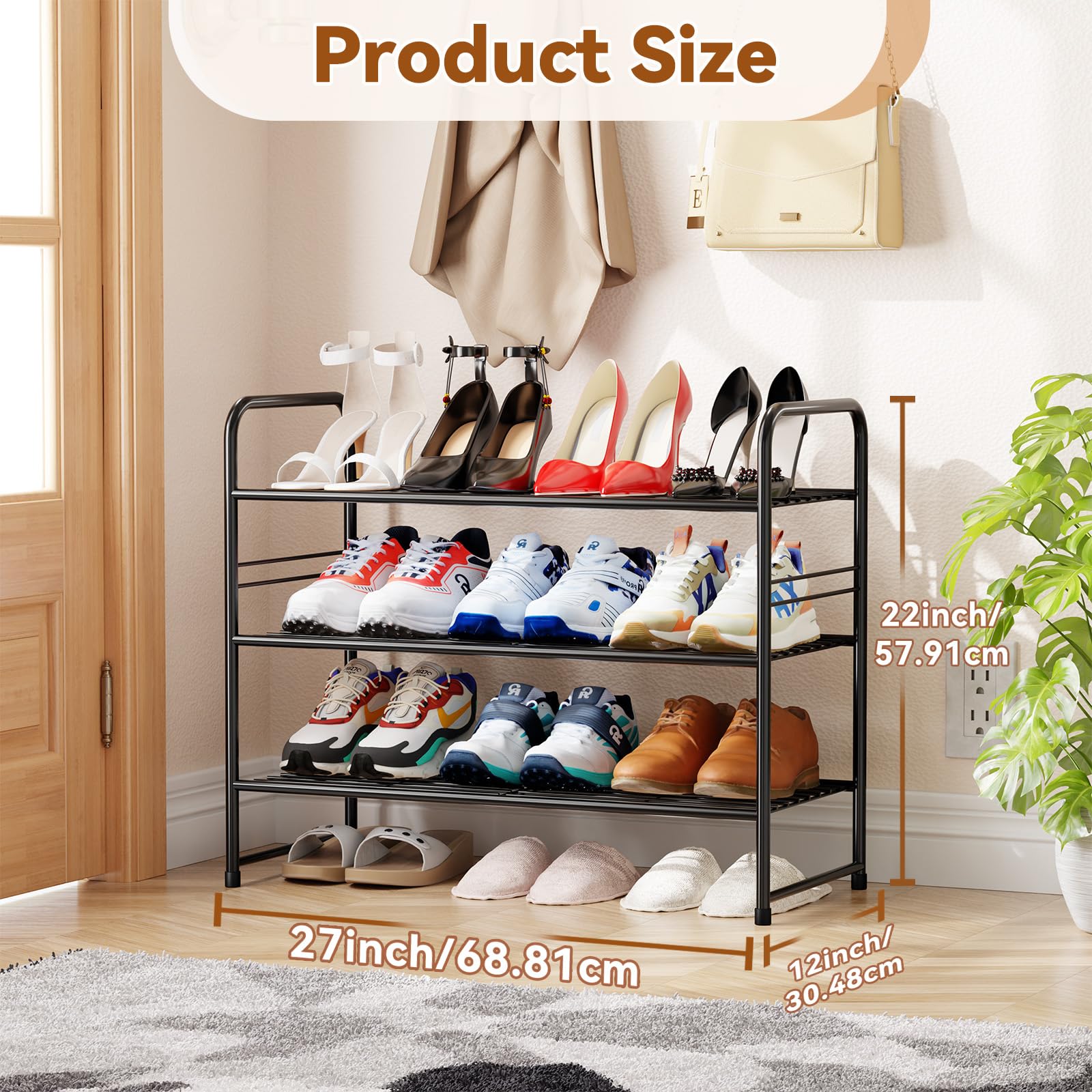 MWQ Shoe Organizer for Closet, Metal Shoe Shelf Rack Stackable 3 Tier 27 Inch Wide for Entryway, Adjustable, Black