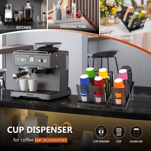 wymulot Paper Cup and Lid Holder, Disposable Coffee Cup Dispenser, 3-Slot Upright Paper Cup Dispenser for Coffee Stations, Kitchens, Bars, Restaurants, Lounges (Black)