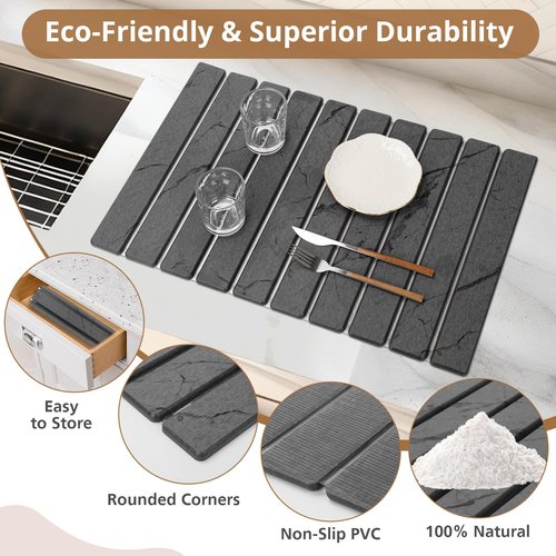 2 PCS Large Stone Dish Drying Mat for Kitchen Counter, Marbled Quick Dry Stone Dish Mats, Diatomaceous Earth Drying Pad, Foldable and Super Absorbent Dish Drying Stone Mat (Dark Gray 24"×16" & 8"×4")