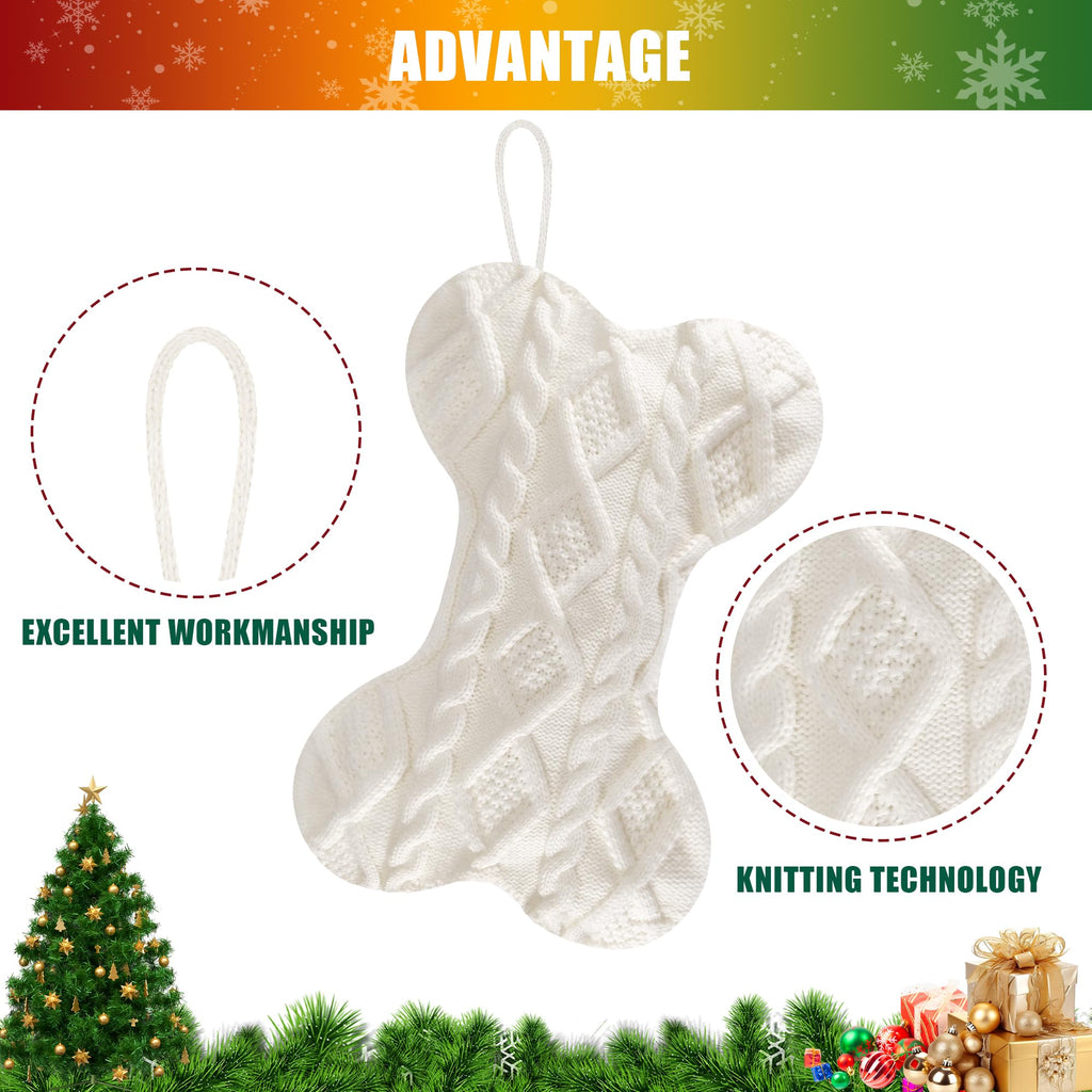 Doitory Dog Christmas Stocking, Large Bone Shape Knit Christmas Stockings for Dogs, Xmas Party Hanging Stocking for Fireplace Tree Gift Home Decoration (White)
