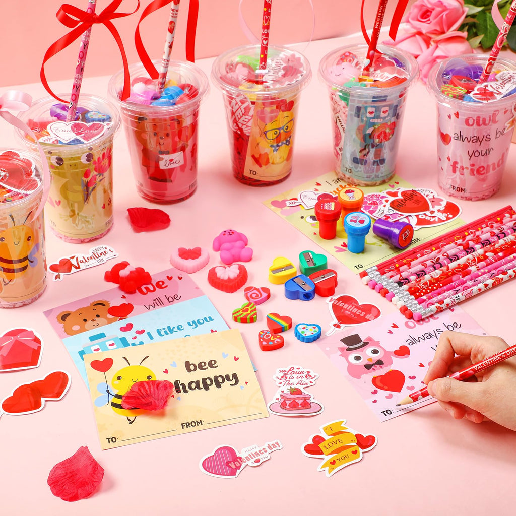 Vesici 323 Pcs Valentine's Day Gifts Bulk Valentines Party Favor Exchange Gift Galentines Supplies with Cup Cards Sticker Pencil Eraser Stamp