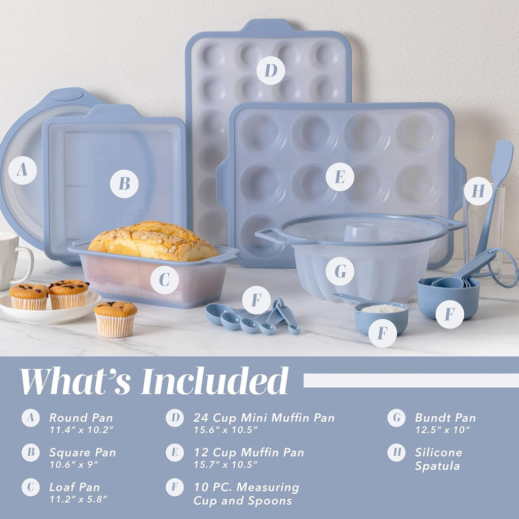 Cook With Color 17-Piece Silicone Baking Pan Set - Non-Stick Muffin Pans & Flexible Cake Molds with Measuring Cups