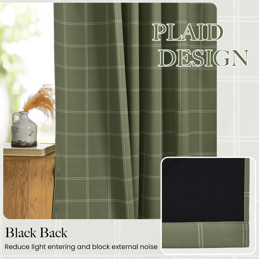 NICETOWN Buffalo Check Plaid 100% Blackout Curtains 84 Inches Long for Bedroom, Living Room Thermal Insulated Room Darkening Rod Pocket Back Tab Drapes, Olive Green, 52" W x 84" L, 2 Panels