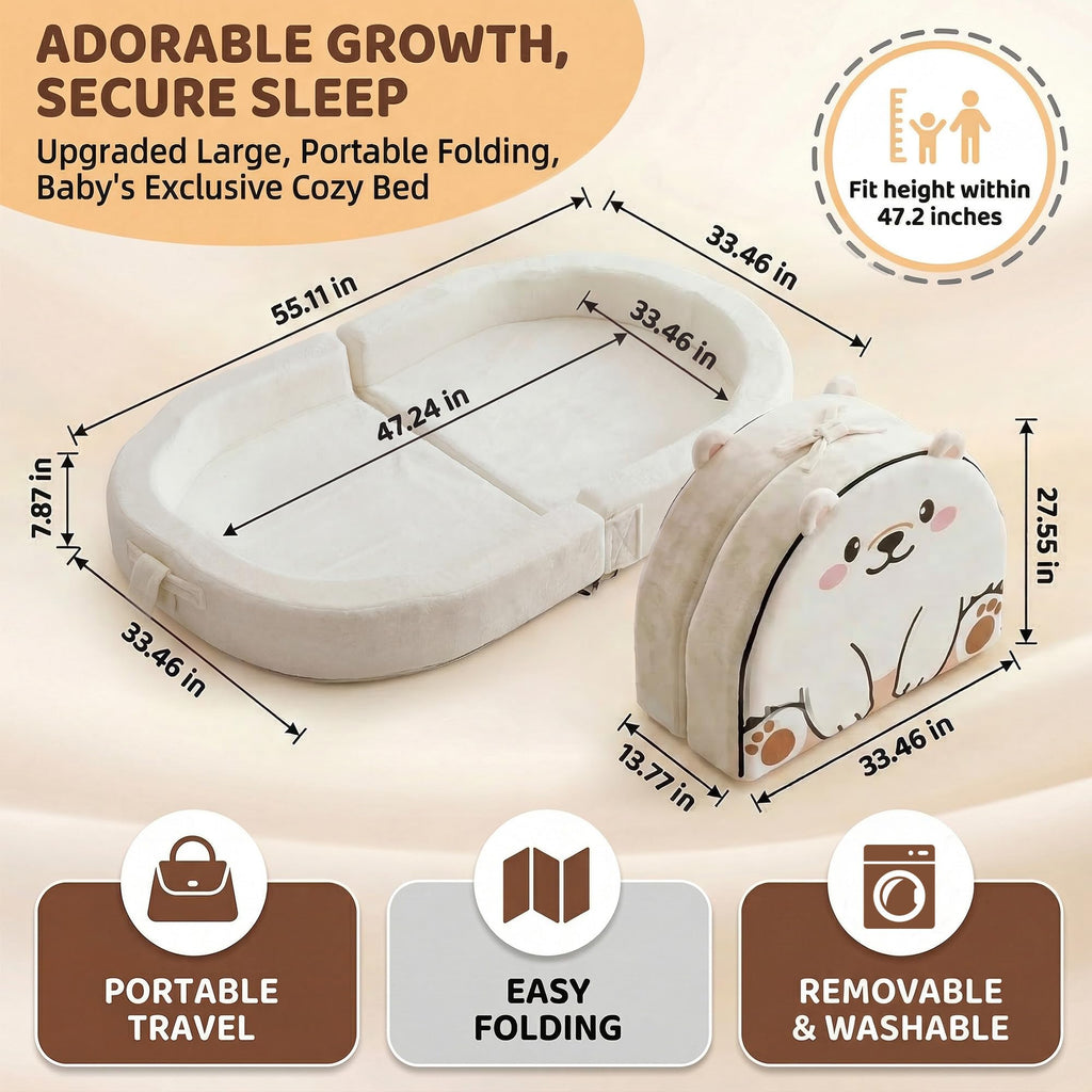 Portable Toddler Bed BUMNANA Folding Toddlers Floor Beds for Kids Foldable Soft Foam Travel Bed for Baby, Washable Cover Toddler Cot with Safety Rail for Travel, Home/Travel (Polar Bear)
