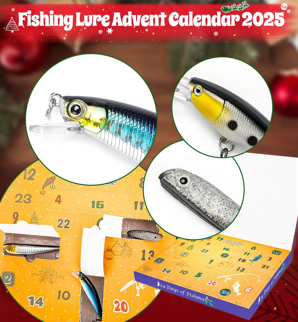 Fishing Lure Advent Calendar 2025 24 Days of Fishing Bait Christmas Advent Calendar 2025 Fishing Gift for Fishermen Adult Teen Boys Mystery Tackle Box Surprise Countdown