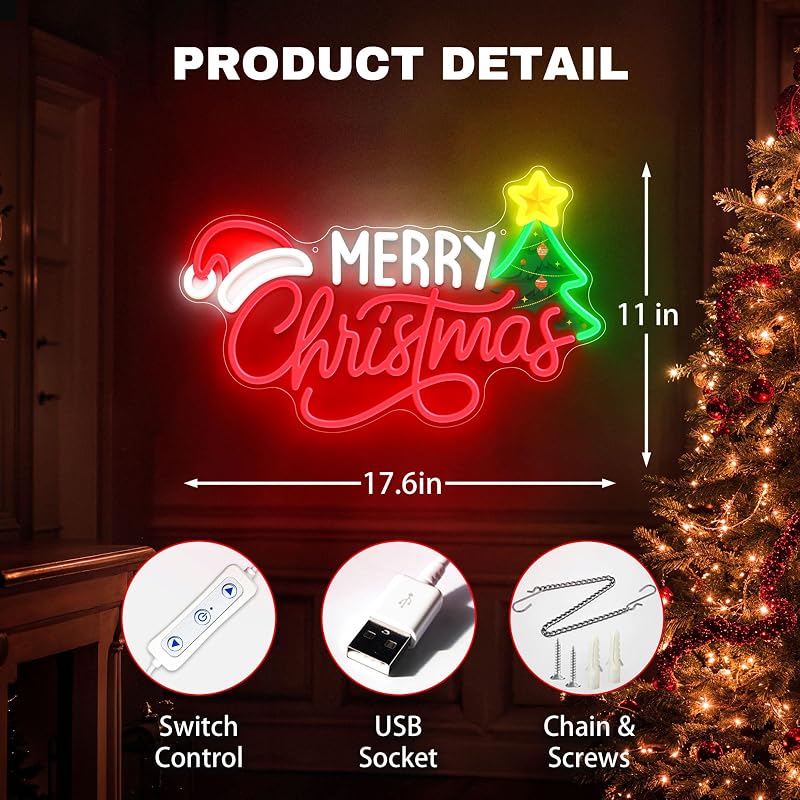 Merry Christmas Neon Sign - Wall Decor with Santa Hat (Xmas Variation)