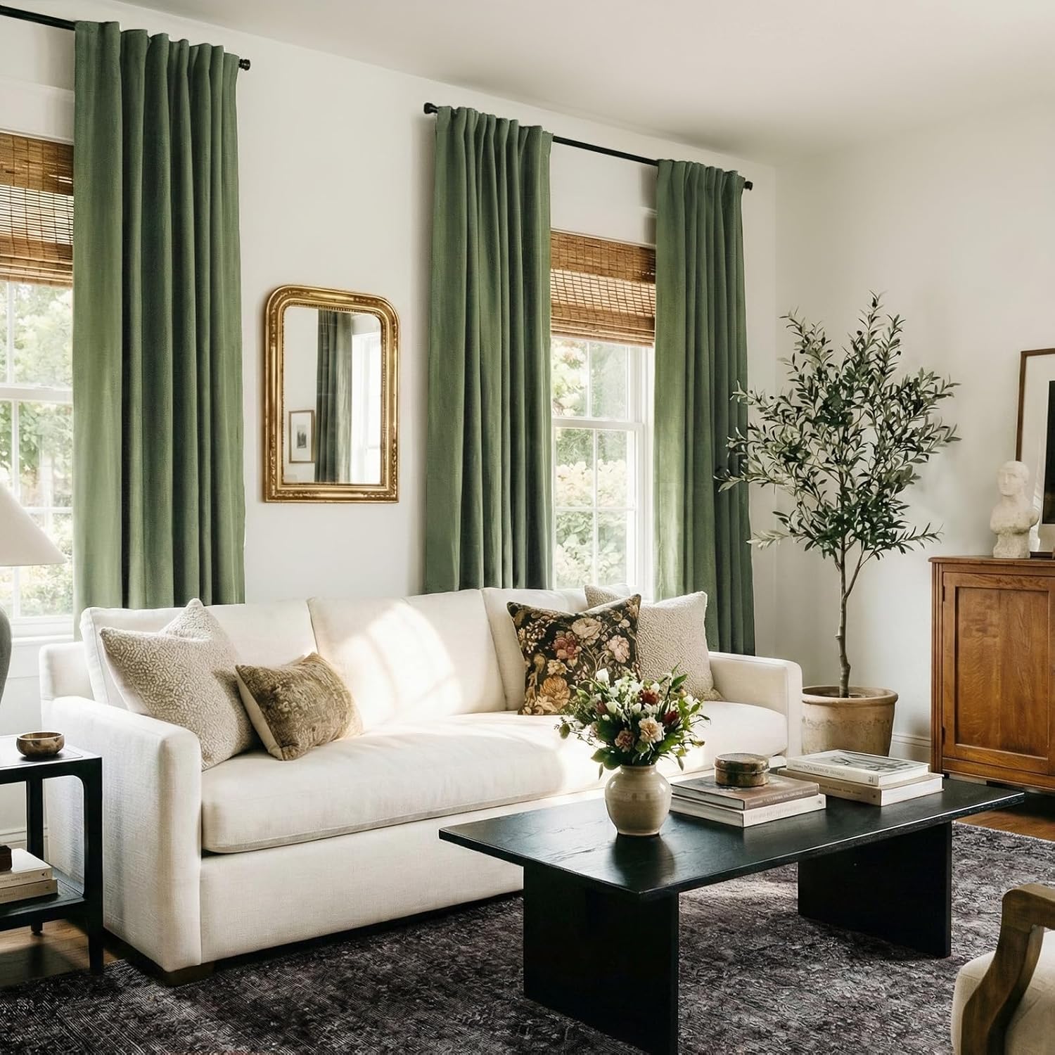 Skiennix 100% Blackout Linen Curtains - Thermal Insulated Drapes, Olive Green, 50" W x 102" L, 2 Panels Set