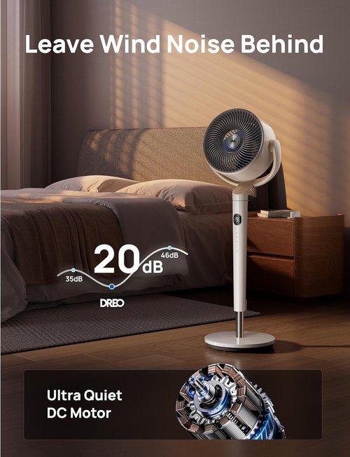DREO Smart Fan for Bedroom, 120° +120° Omni-Directional Oscillating Fans, 100ft Quiet Pedestal Fan with RGB Light, 9 Speeds, 6 Modes, 20dB, 8H Timer, Wi-Fi/Voice/Alexa, 37-42" Floor Fans with Remote