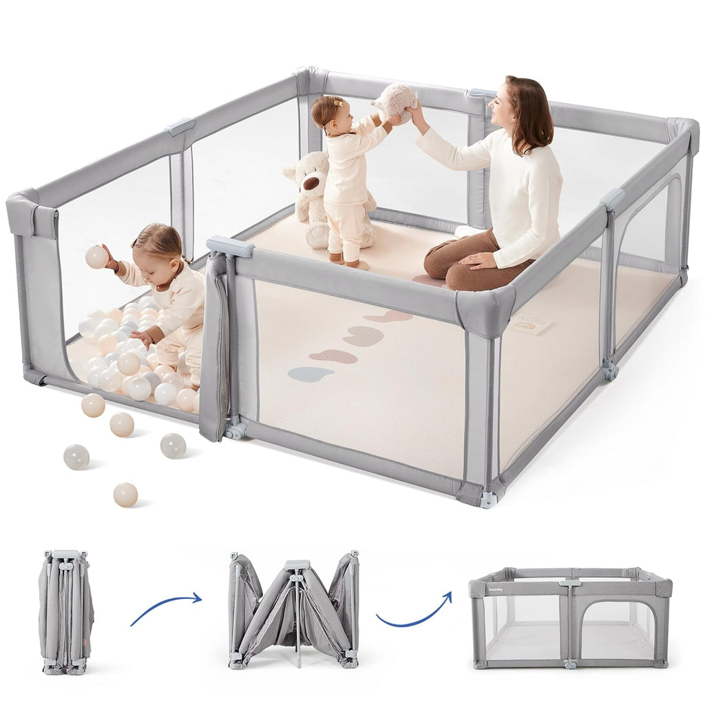 Sweeby Baby Playpen - Extra Large 59x59 Inch Foldable Play Yard with Door | Gray Indoor/Outdoor Fence