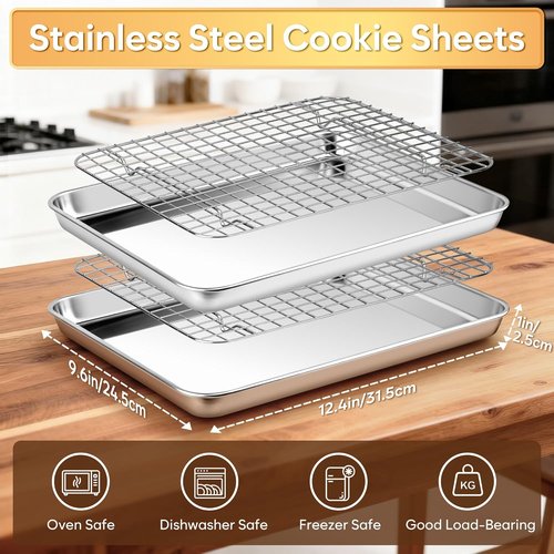 Fire More Stainless Steel Baking Sheet & Cooling Rack Set - 2 Cookie Sheets & 2 Racks, Nonstick, Heavy Duty, 12.4 x 9.6 x 1 Inch