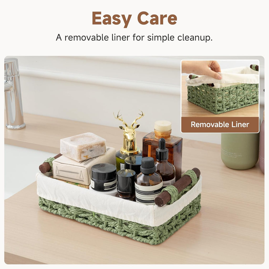 StorageWorks Small Wicker Baskets - Organizing with Handles & Liner, Green Paper Rope, 2 Pack